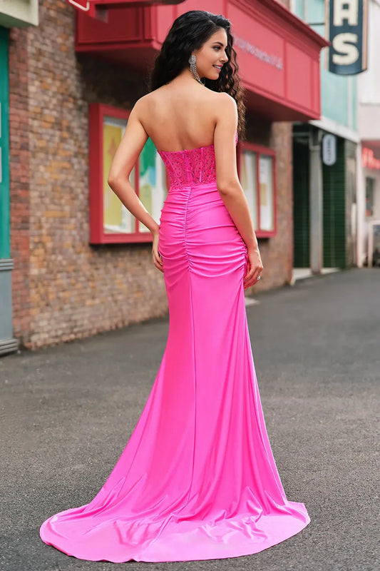 Glamorous Mermaid Applique Strapless Sleeveless Corset Back Zip Floor-Length Prom Dress with Slit