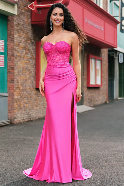 Glamorous Mermaid Applique Strapless Sleeveless Corset Back Zip Floor-Length Prom Dress with Slit