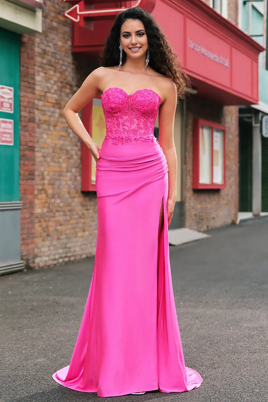 Glamorous Mermaid Applique Strapless Sleeveless Corset Back Zip Floor-Length Prom Dress with Slit