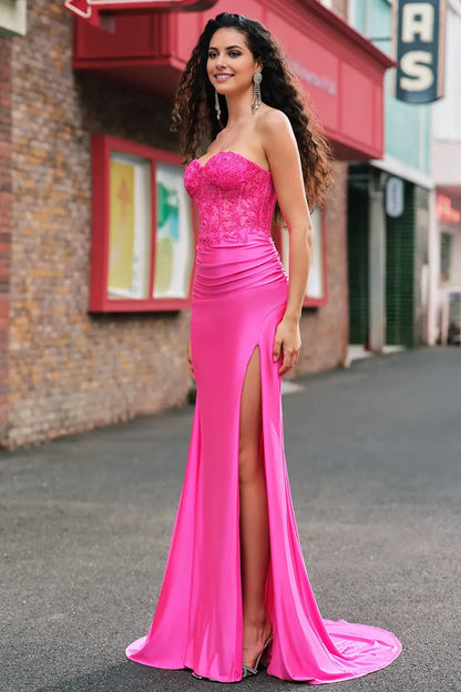 Glamorous Mermaid Applique Strapless Sleeveless Corset Back Zip Floor-Length Prom Dress with Slit