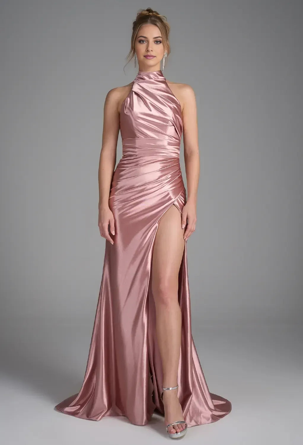 Glamorous Mermaid Halter Sleeveless Solid Back Floor-Length Ruched Prom Dresses with Slit