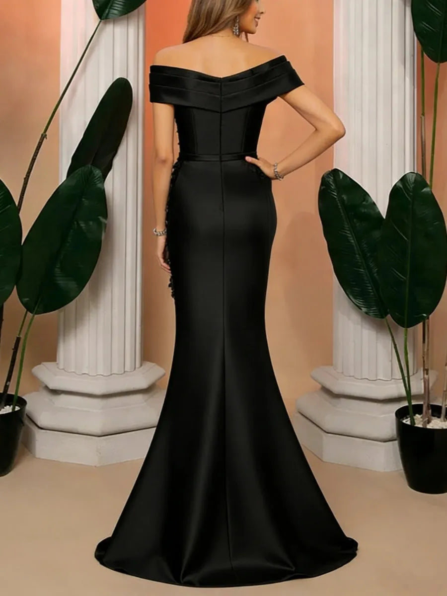 Glamorous Mermaid Off-The-Shoulder Sleeveless V-Back Satin Train Evening Dresses  With 3D Flower