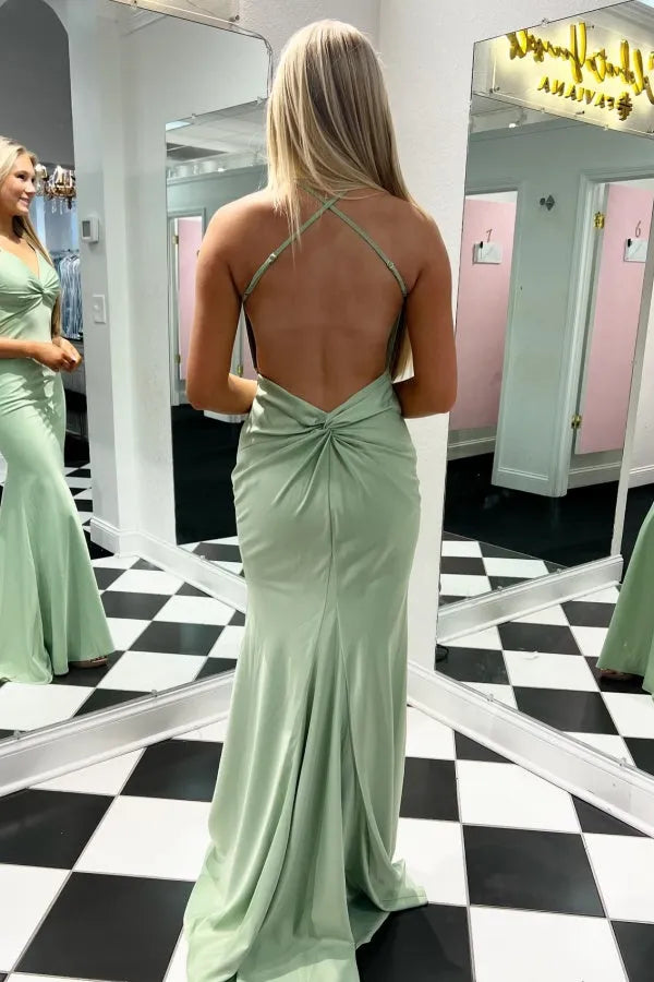 Glamorous Mermaid Plunging V-Neck Spaghetti Straps Twist-Front Crisscross Back Floor-Length Prom Dress Hot Sale