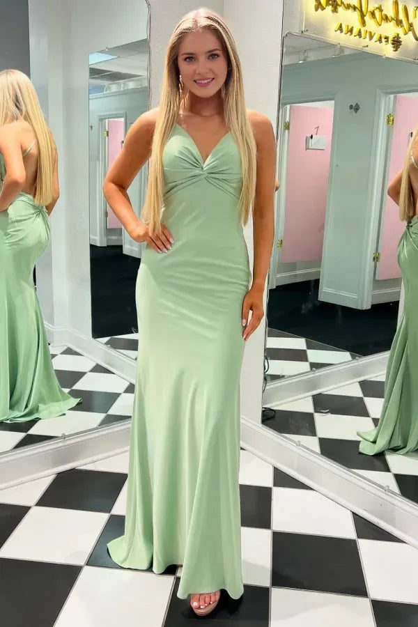 Glamorous Mermaid Plunging V-Neck Spaghetti Straps Twist-Front Crisscross Back Floor-Length Prom Dress Hot Sale