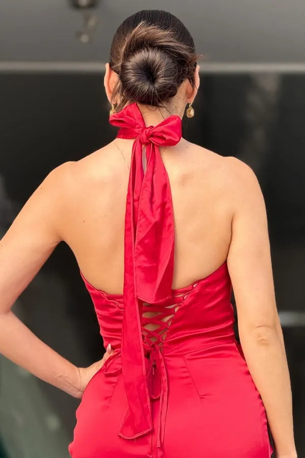 Glamorous Mermaid Strapless Sleeveless Lace-Up-Back Train High Side Slit Prom Dress Custom