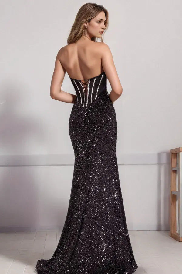 Glamorous Mermaid Strapless Sweetheart Sequins Beaded Corset Prom Dress Floor-Length High Side Slit