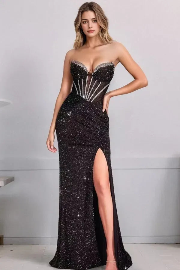 Glamorous Mermaid Strapless Sweetheart Sequins Beaded Corset Prom Dress Floor-Length High Side Slit