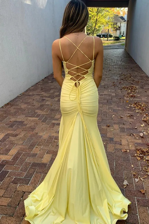 Glamorous Mermaid V-Neck Spaghetti Strap Criss Cross Lace Up Floor-Length Side Leg Slit Prom Dresses