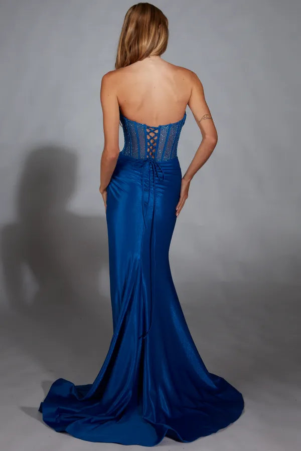 Glamorous Mermaid V Neck Spaghetti Straps Beaded Corset High Side Slit Train Prom Dress