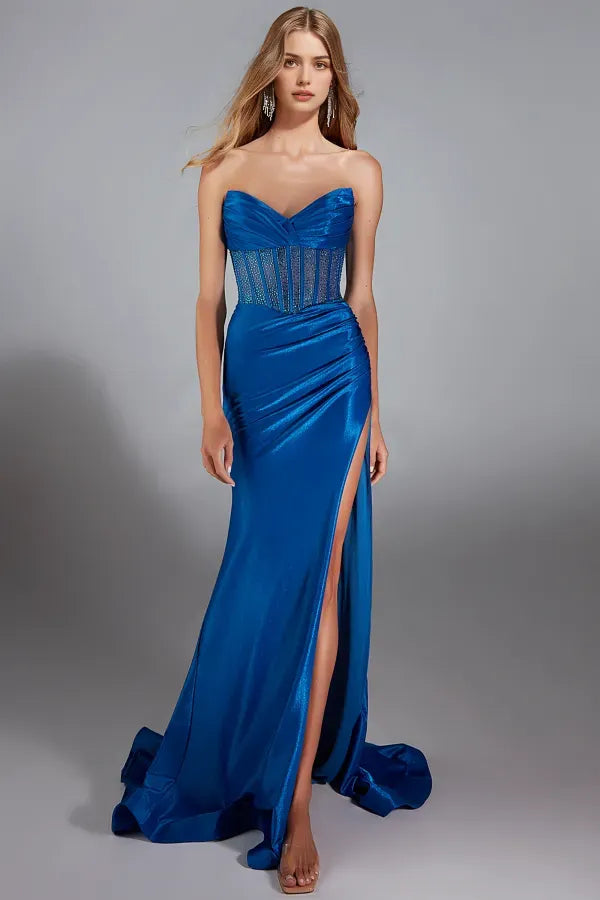 Glamorous Mermaid V Neck Spaghetti Straps Beaded Corset High Side Slit Train Prom Dress