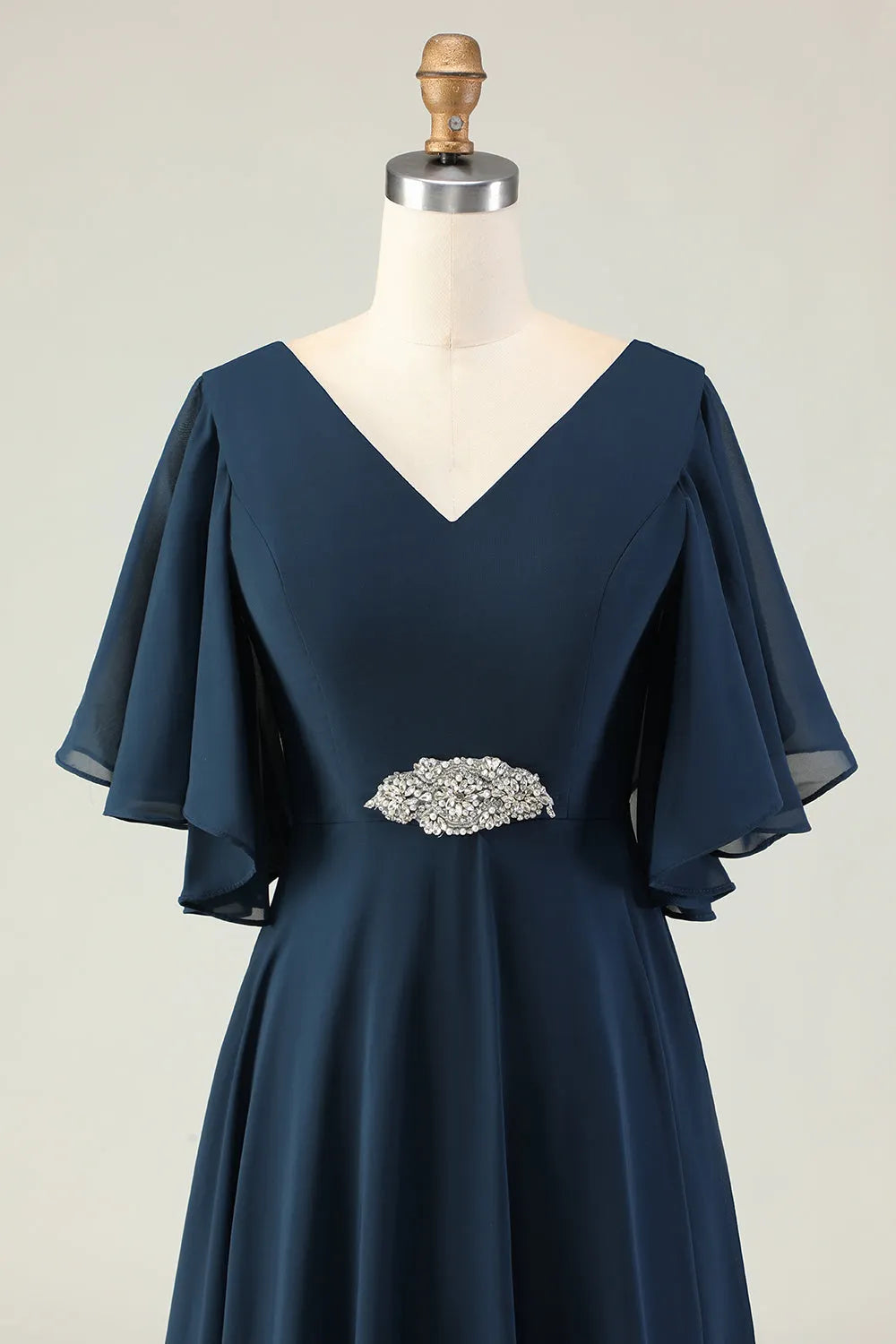 Glamorous Navy A-Line Deep V Neck Cape Sleeve Lace Up Back Appliqued Mother Of The Bride Dresses with Rhinestones