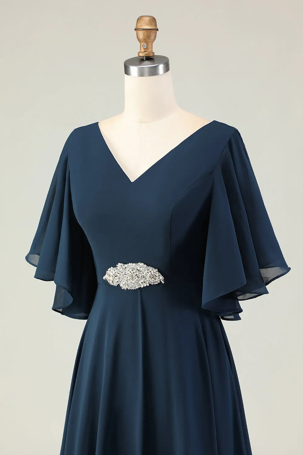 Glamorous Navy A-Line Deep V Neck Cape Sleeve Lace Up Back Appliqued Mother Of The Bride Dresses with Rhinestones