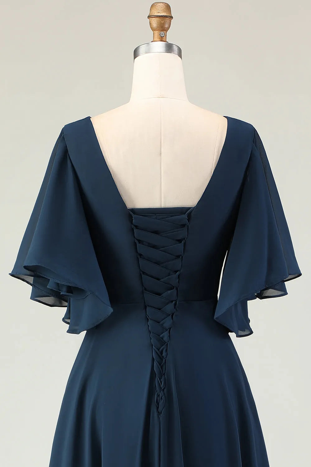 Glamorous Navy A-Line Deep V Neck Cape Sleeve Lace Up Back Appliqued Mother Of The Bride Dresses with Rhinestones