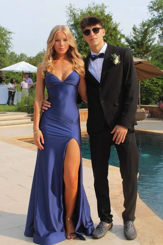 Glamorous Navy Blue Mermaid Cowl-Neck Spaghetti-Strap Floor-Length Prom Dresses with Criss Cross Back