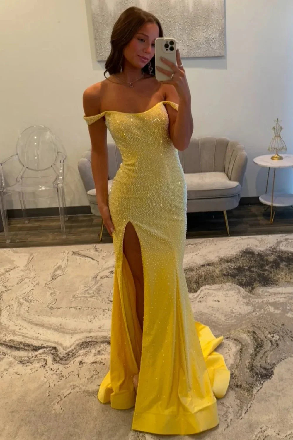Glamorous Off the Shoulder Beaded Mermaid Prom Dress with High Slit and Open Back