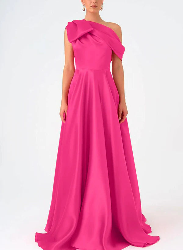 Glamorous One-Shoulder Oversized Flounce Satin Ball Gown Prom Dress in Vibrant Fuchsia