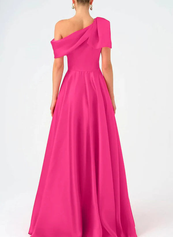 Glamorous One-Shoulder Oversized Flounce Satin Ball Gown Prom Dress in Vibrant Fuchsia