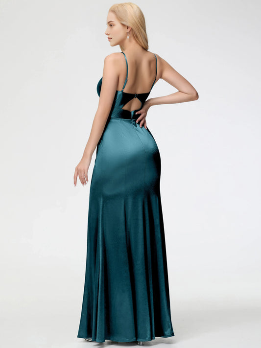 Glamorous Peacock Satin Prom Dress with Spaghetti Straps Deep V - Neck Draped Detail and High Side Slit
