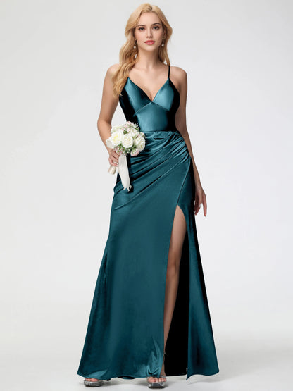 Glamorous Peacock Satin Prom Dress with Spaghetti Straps Deep V - Neck Draped Detail and High Side Slit