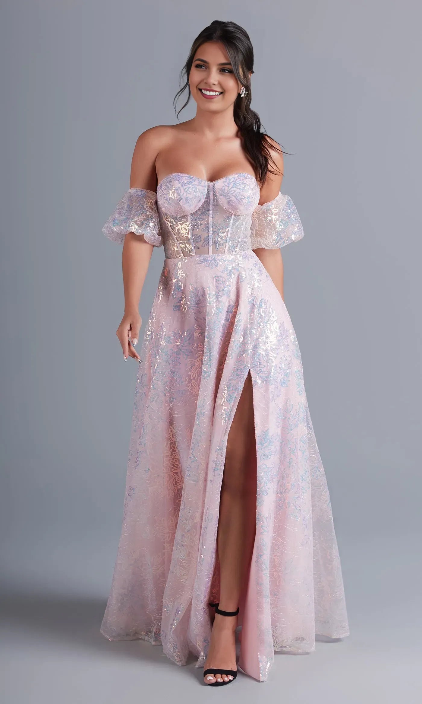 Glamorous Pink A-Line Off-Shoulder Puff Sleeve Back Zip Floor-Length Sequin Embroidered Prom Dress