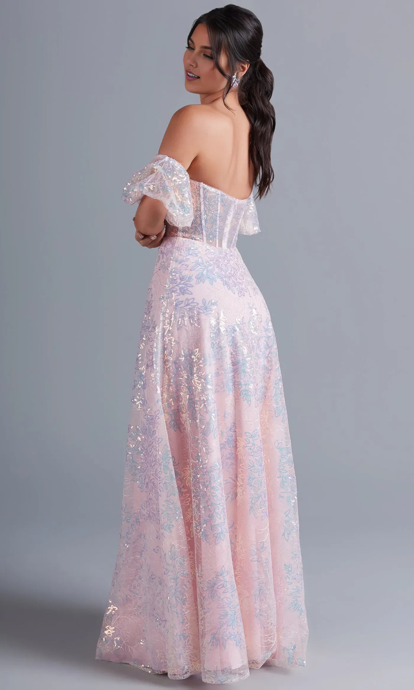 Glamorous Pink A-Line Off-Shoulder Puff Sleeve Back Zip Floor-Length Sequin Embroidered Prom Dress