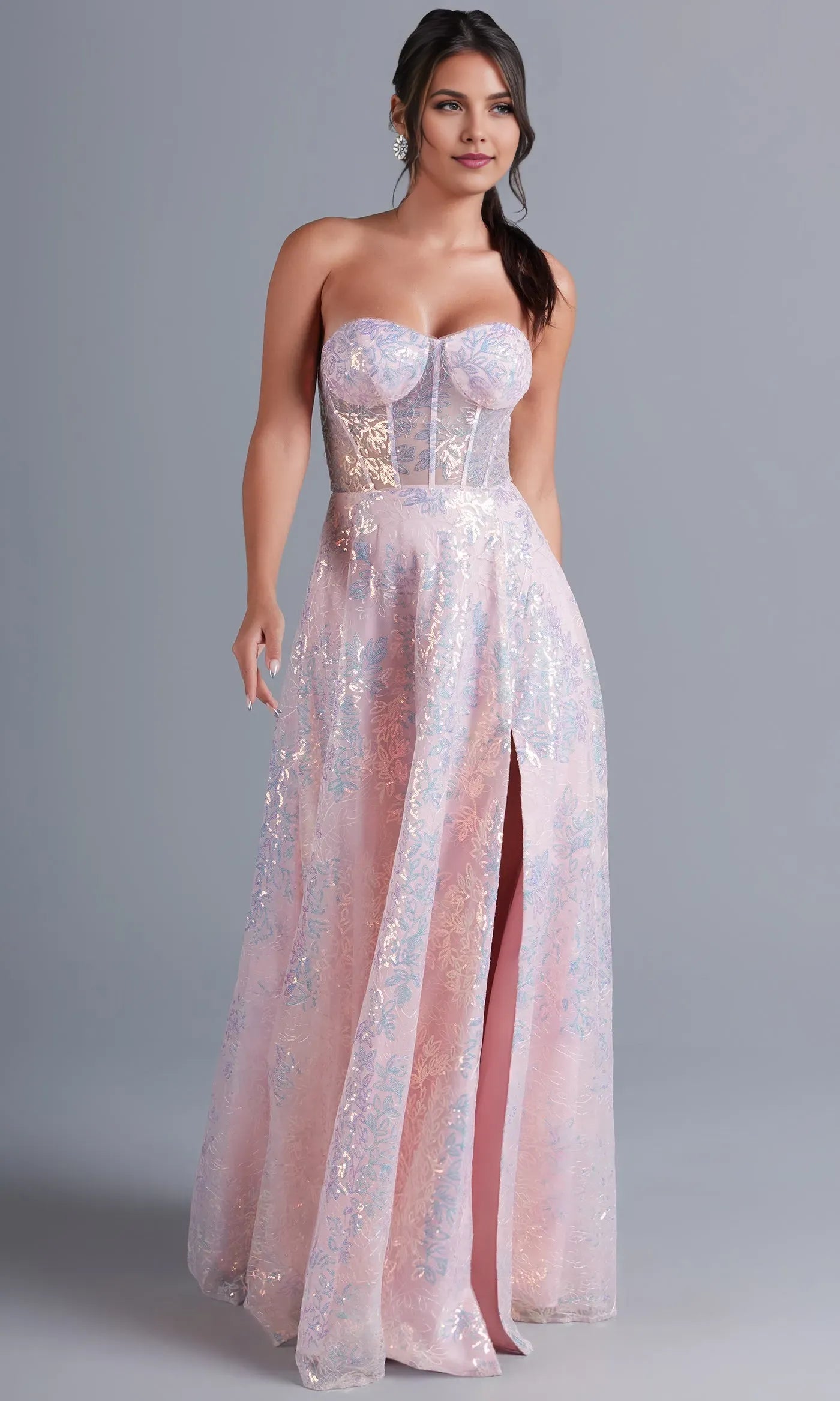 Glamorous Pink A-Line Off-Shoulder Puff Sleeve Back Zip Floor-Length Sequin Embroidered Prom Dress