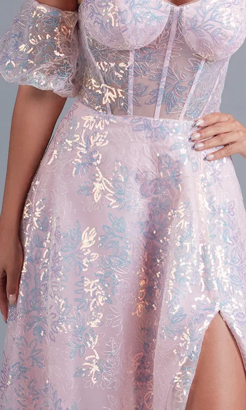 Glamorous Pink A-Line Off-Shoulder Puff Sleeve Back Zip Floor-Length Sequin Embroidered Prom Dress
