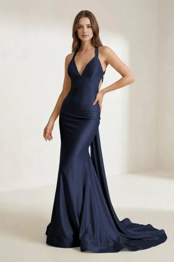 Glamorous Pink  Mermaid Halter Deep V-Back Cut-Out Train-Length Satin Ruched Prom Dresses