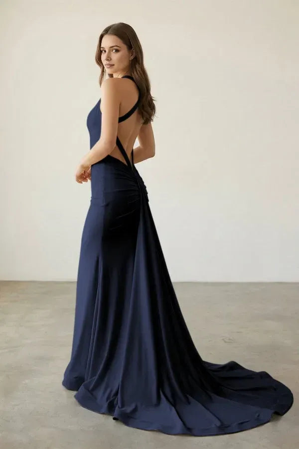 Glamorous Pink  Mermaid Halter Deep V-Back Cut-Out Train-Length Satin Ruched Prom Dresses