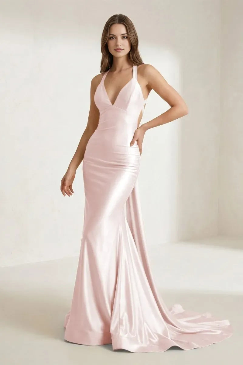Glamorous Pink  Mermaid Halter Deep V-Back Cut-Out Train-Length Satin Ruched Prom Dresses