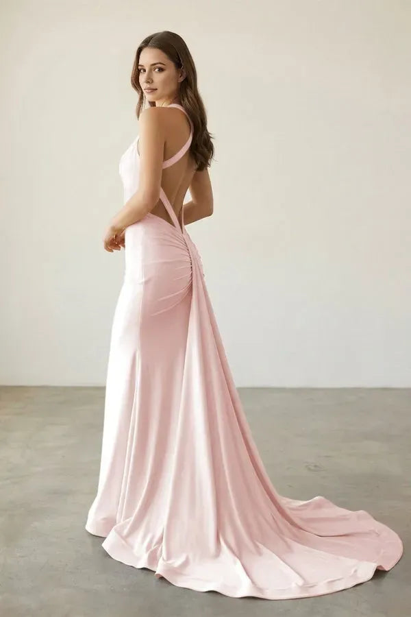 Glamorous Pink  Mermaid Halter Deep V-Back Cut-Out Train-Length Satin Ruched Prom Dresses