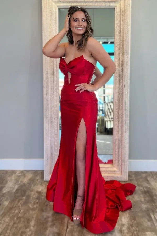 Glamorous Red Mermaid Sweetheart Neck Sleeveless Pleated Bow Knot Back Zip Train Side Slit Prom Dress