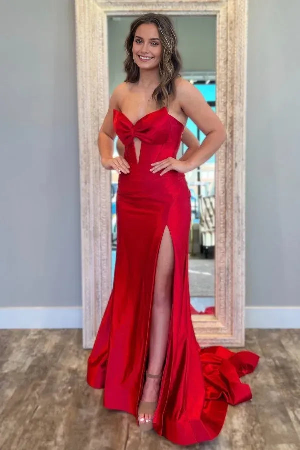 Glamorous Red Mermaid Sweetheart Neck Sleeveless Pleated Bow Knot Back Zip Train Side Slit Prom Dress