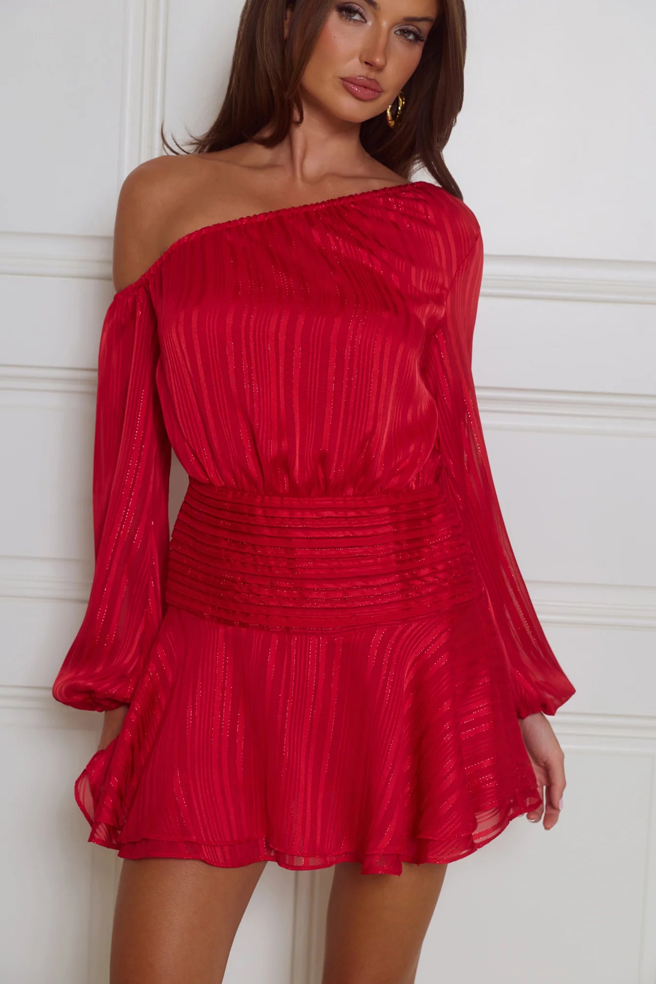 Glamorous Red One-Shoulder Mini Dress with Lurex Stripe Texture, Smocked Waistband, Puffed Long Sleeves and Layered Ruffle Skirt
