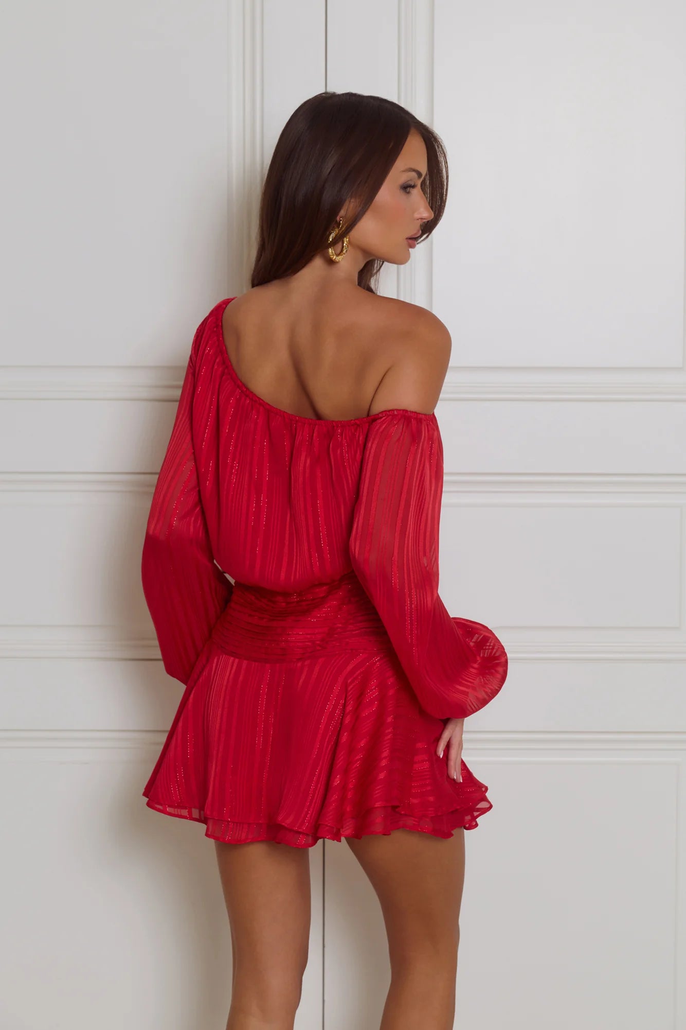 Glamorous Red One-Shoulder Mini Dress with Lurex Stripe Texture, Smocked Waistband, Puffed Long Sleeves and Layered Ruffle Skirt