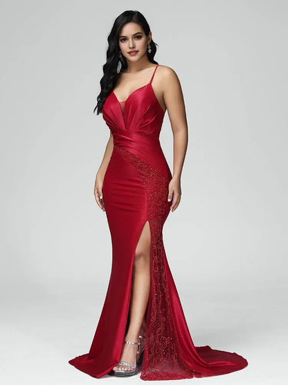 Glamorous Red Satin V Neck Spaghetti Straps Mermaid Prom Dress Plunging Lace Detailing and High Side Slit