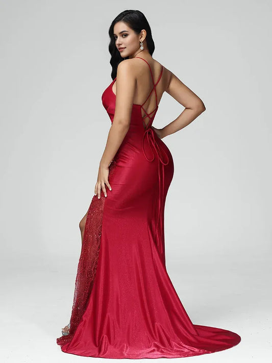 Glamorous Red Satin V Neck Spaghetti Straps Mermaid Prom Dress Plunging Lace Detailing and High Side Slit