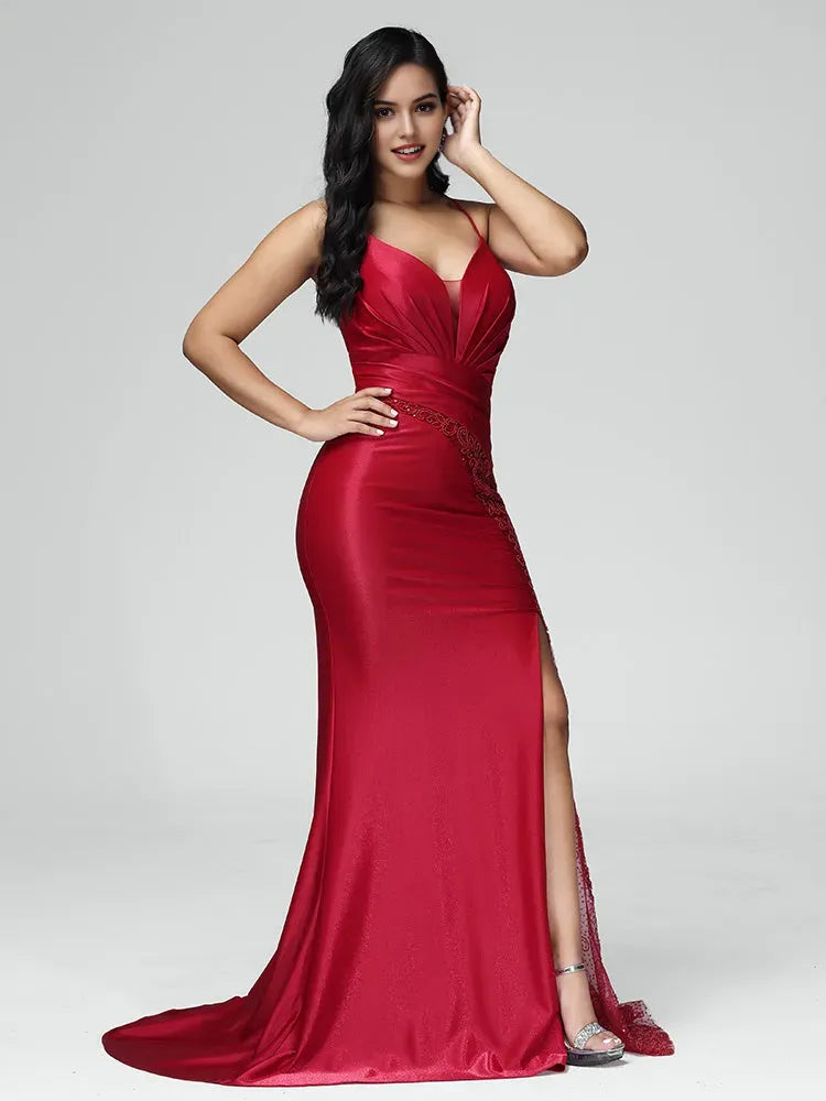 Glamorous Red Satin V Neck Spaghetti Straps Mermaid Prom Dress Plunging Lace Detailing and High Side Slit