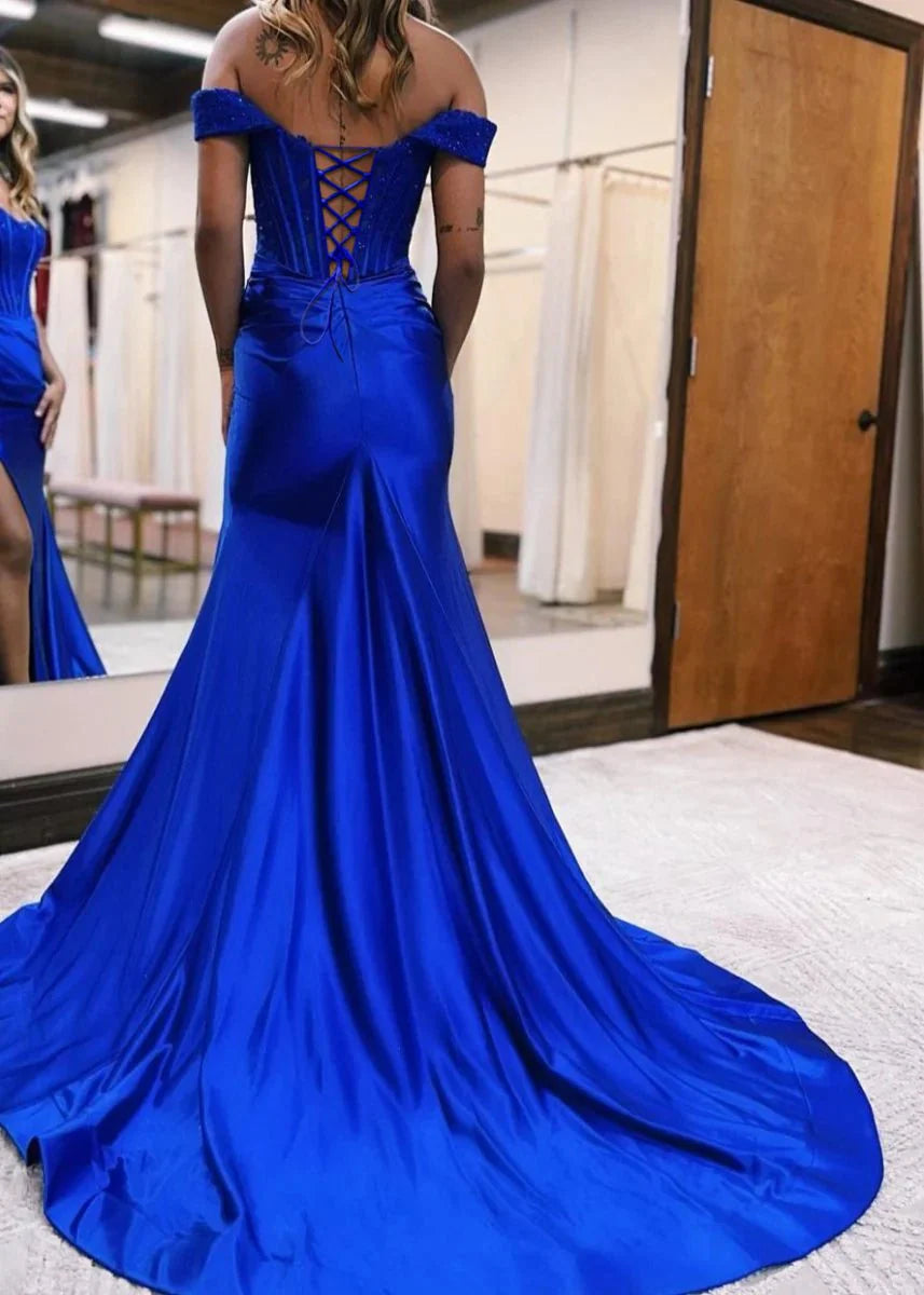 Glamorous Royal Blue SatinCrystal/Rhinestone  Off-The-Shoulder Lace Corset Crisscross Lace-Up Back High-Slit Mermaid Train Evening Dress