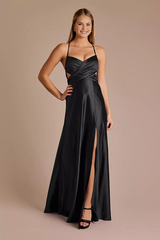 Glamorous Satin A-Line Sweetheart Neck Sleeveless Cutout Waist Lace-Up Floor-Length Prom Dresses Side Slit