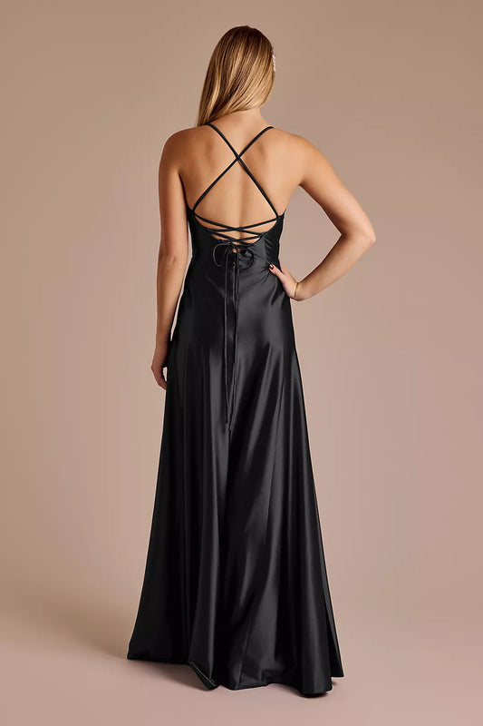 Glamorous Satin A-Line Sweetheart Neck Sleeveless Cutout Waist Lace-Up Floor-Length Prom Dresses Side Slit