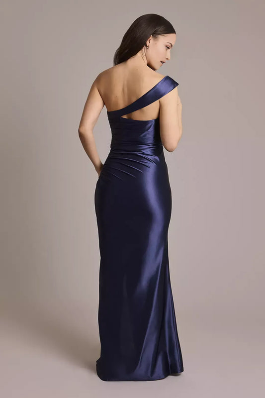 Glamorous Satin Sheath One-Shoulder Sleeveless Ruched-Back Side Zip Floor-Length Prom Dresses Side Leg Slit