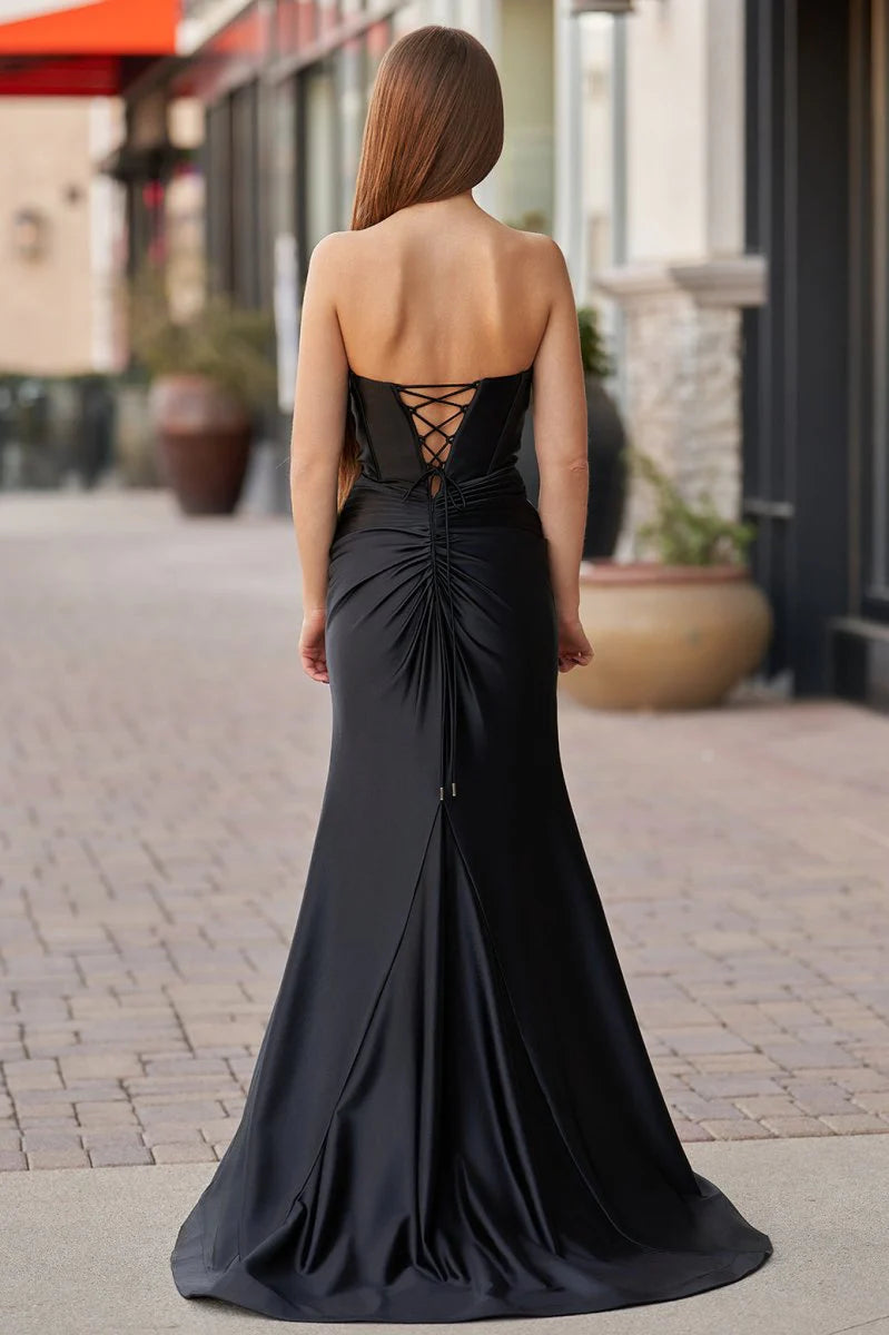 Glamorous Satin Strapless Twisted Sweetheart Cut-Out Lace-Up Back High-Slit Mermaid Train Evening Dress