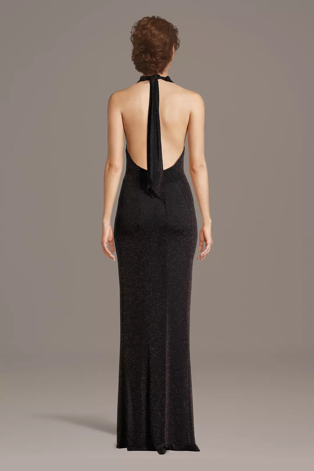 Glamorous Sheath Metallic Cowl Neck Sleeveless Halter Open Back High Side Slit Floor-Length Prom Dresses