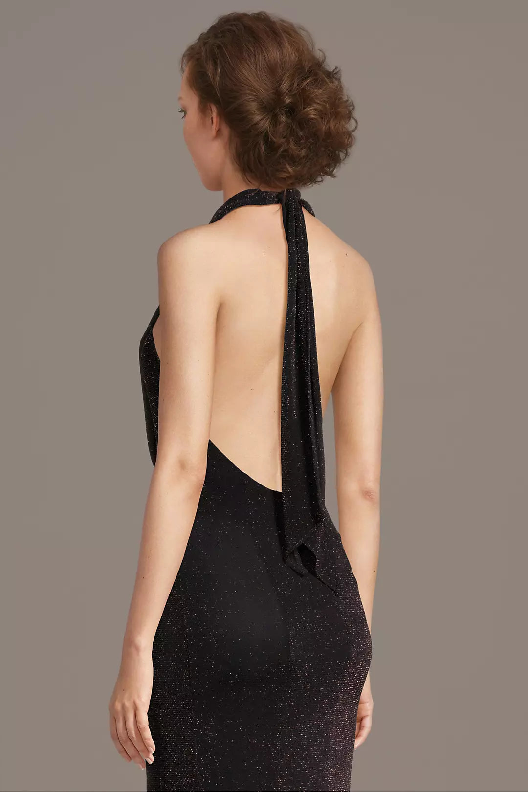 Glamorous Sheath Metallic Cowl Neck Sleeveless Halter Open Back High Side Slit Floor-Length Prom Dresses