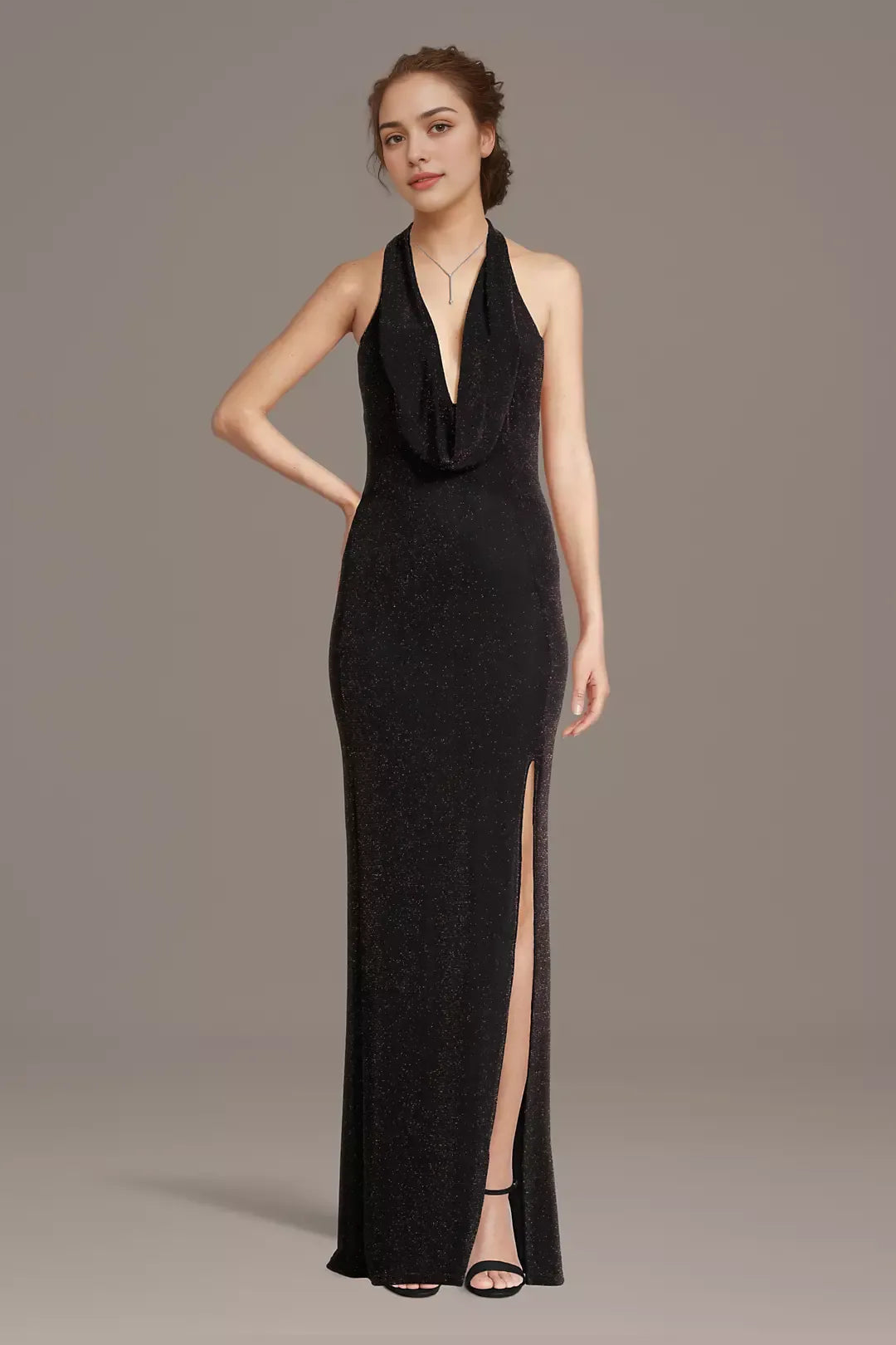 Glamorous Sheath Metallic Cowl Neck Sleeveless Halter Open Back High Side Slit Floor-Length Prom Dresses
