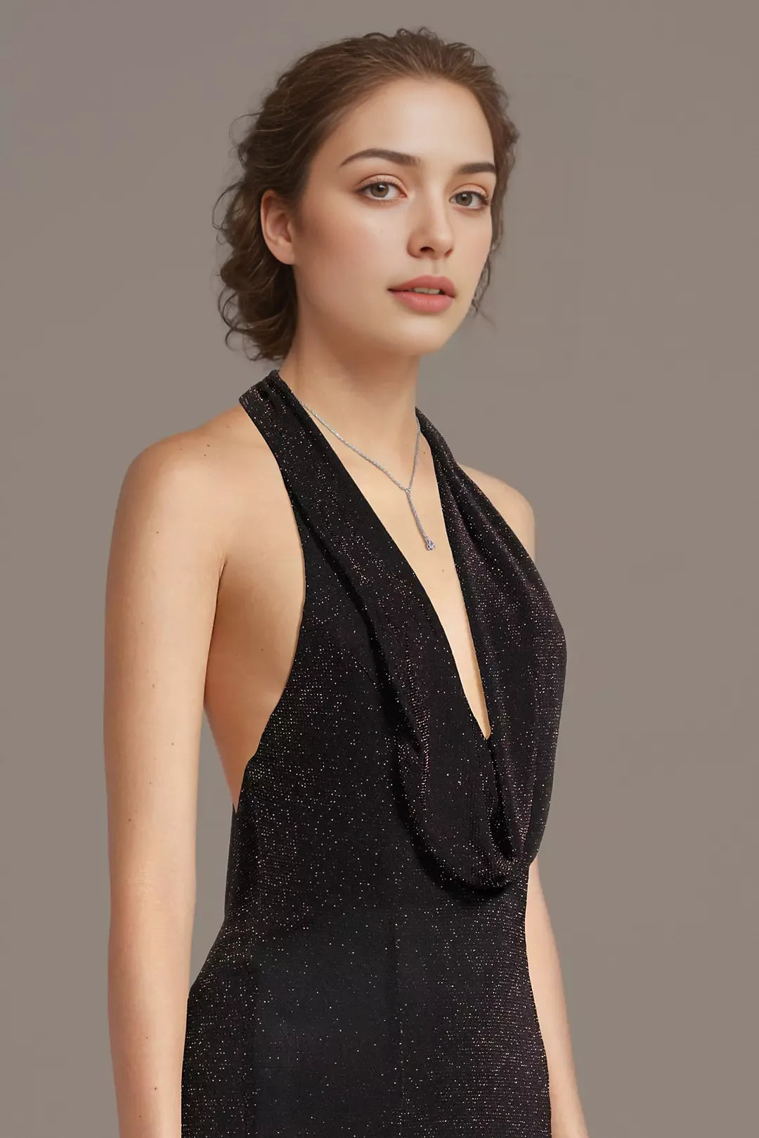 Glamorous Sheath Metallic Cowl Neck Sleeveless Halter Open Back High Side Slit Floor-Length Prom Dresses