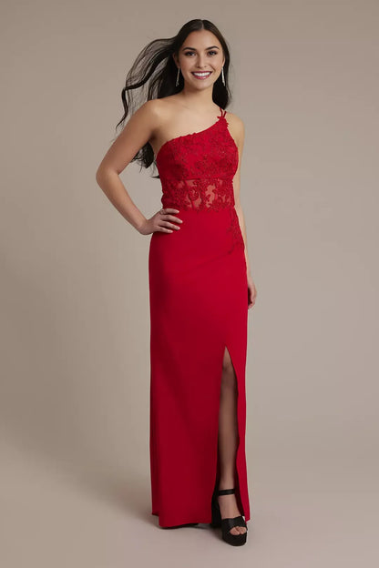Glamorous Sheath One-Shoulder Sleeveless Lace Back Zip Floor-Length Side Leg Slit  Prom Dresses with Beaded Appliques