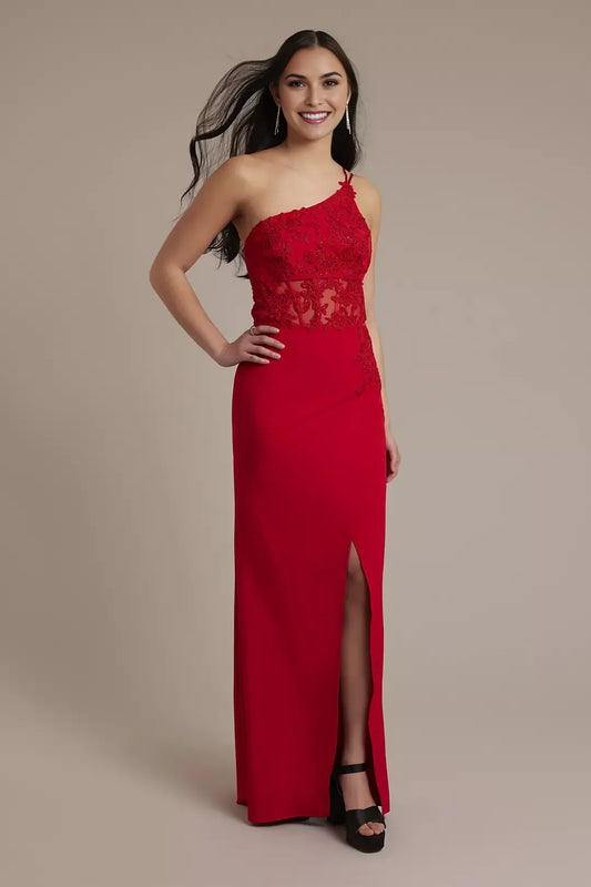Glamorous Sheath One-Shoulder Sleeveless Lace Back Zip Floor-Length Side Leg Slit  Prom Dresses with Beaded Appliques