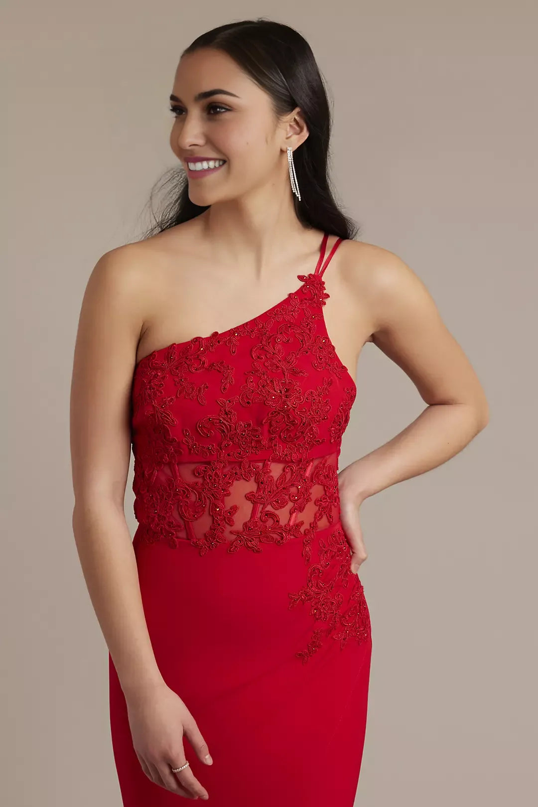 Glamorous Sheath One-Shoulder Sleeveless Lace Back Zip Floor-Length Side Leg Slit  Prom Dresses with Beaded Appliques